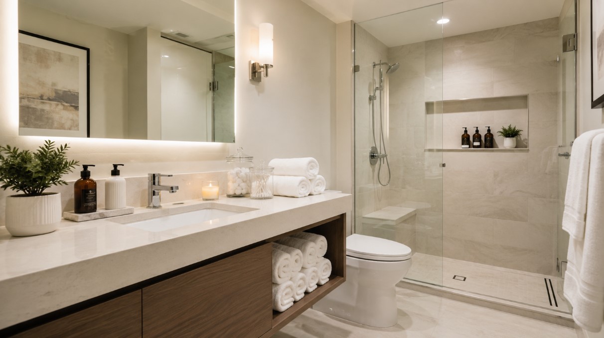 Elegantno uređeno kupatilo u apartmanu sa belim peškirima, staklenom tuš kabinom, toplom rasvetom i urednim detaljima.